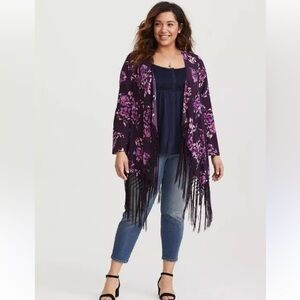 Torrid Plus Size Dark Purple Floral Kimono with Fringe Size 1X